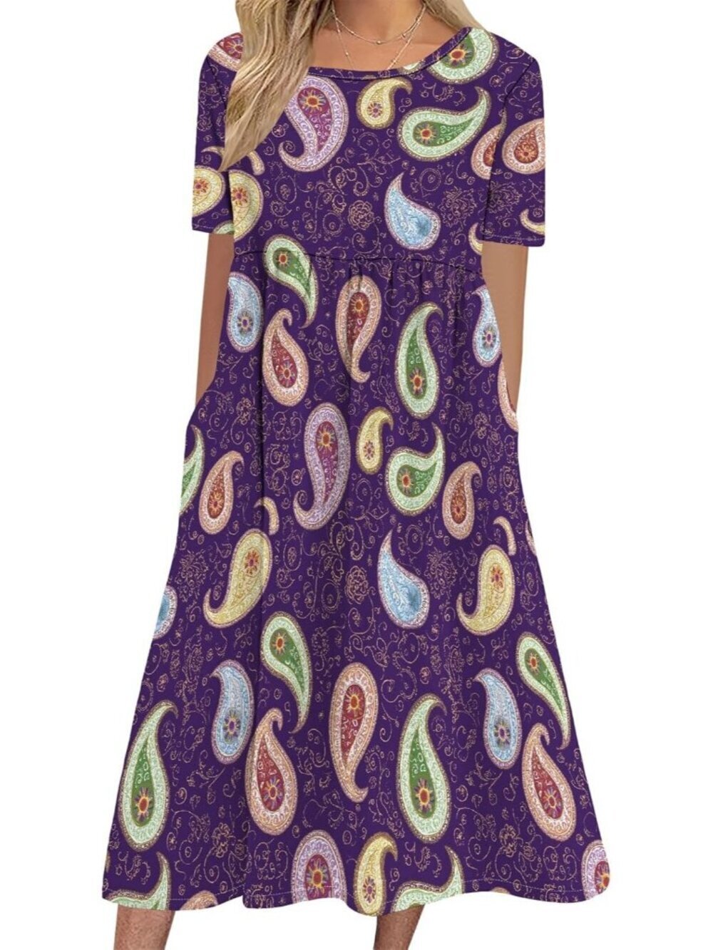 Women's Purple Stylish Sleeve Crewneck Floral Print Casual Mode Maxi Long Dress